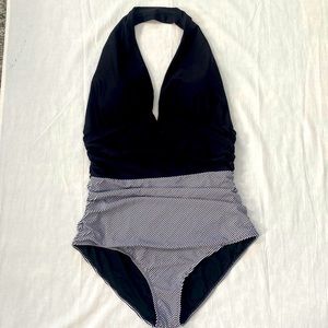 Halter Black & White Striped One Piece Swimsuit Women XL